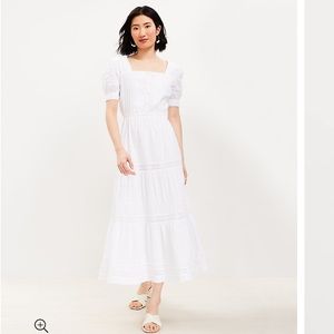 NWT Loft white dotted lace trim square neck maxi dress, medium